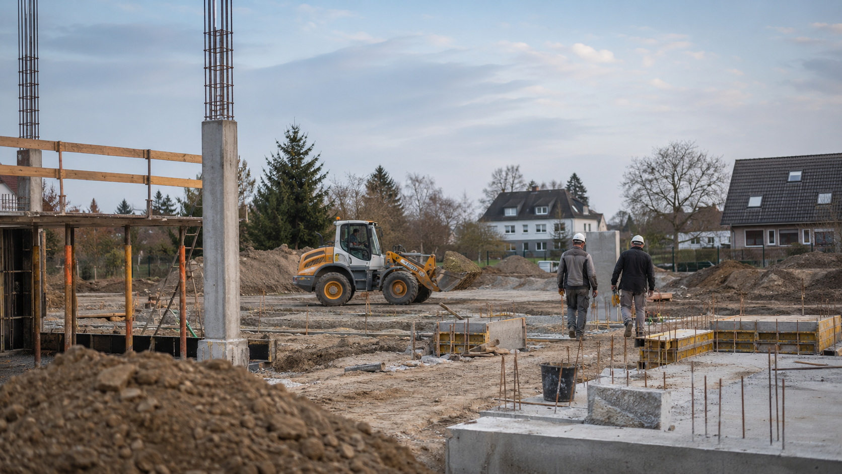 Baustelle mit Maschinen und Bauarbeiten