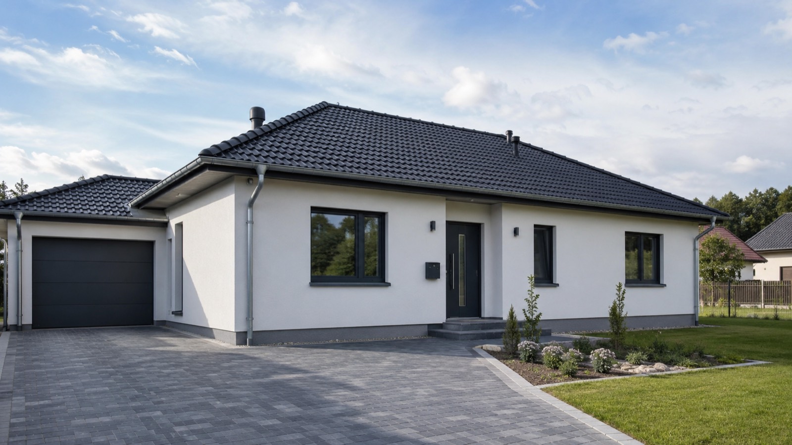 Schlüsselfertigbau bei einem fertiggestellten Einfamilienhaus